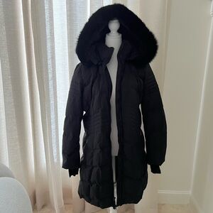 FERA Women's Black Fur Trim Hooded Parka Coat